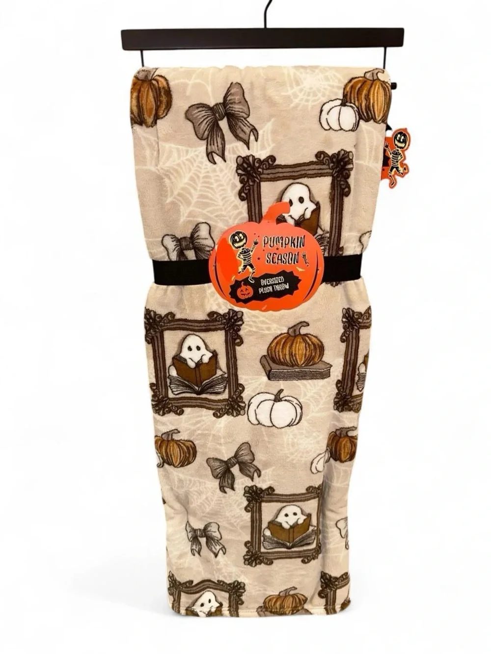 Halloween/Fall Oversized Plush Throw Blanket, Ghost Book Frame Pumpkin Bow